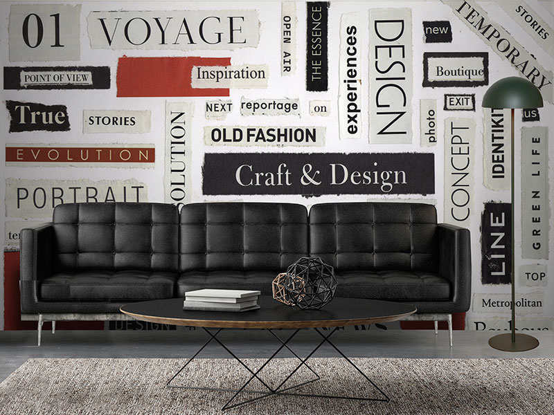 Modern wallpaper with letters and words on fabric background