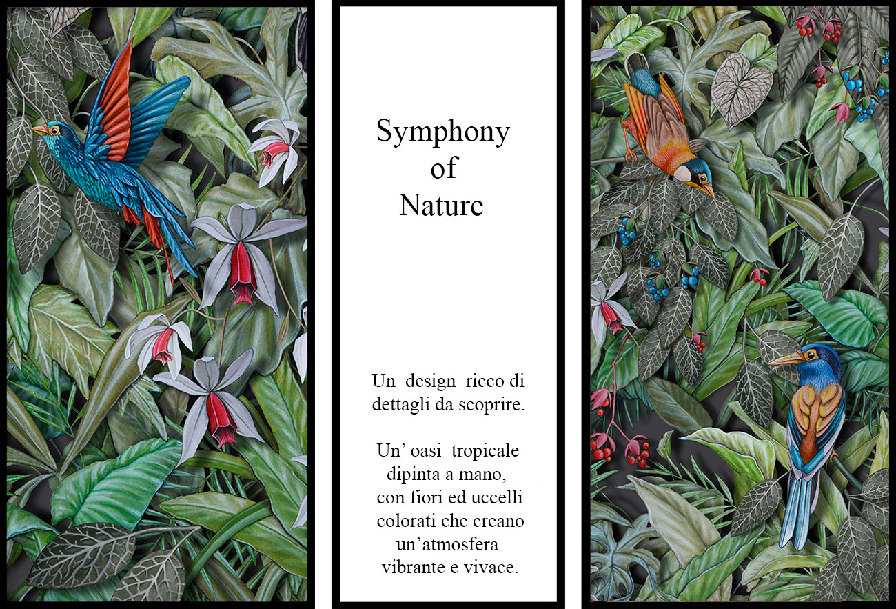 Tropical wallpaper with colorful leaves, flowers and birds