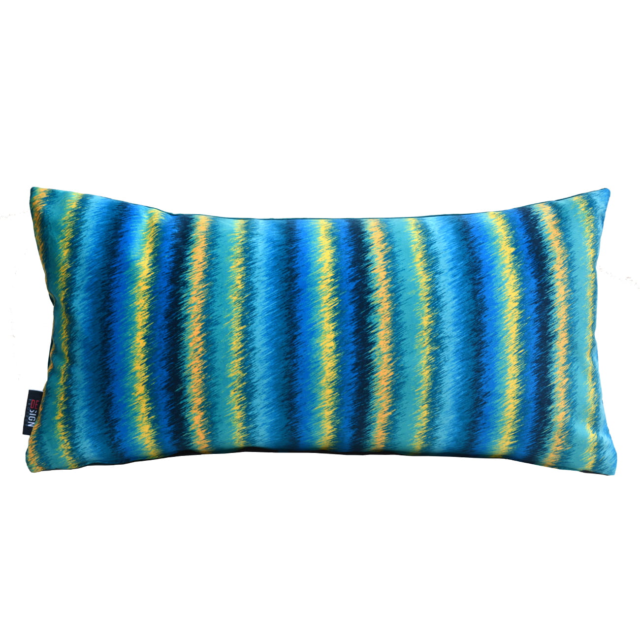 Cuscino fantasia rettangolare a righe sfumate di colore blu, azzurro e giallo.