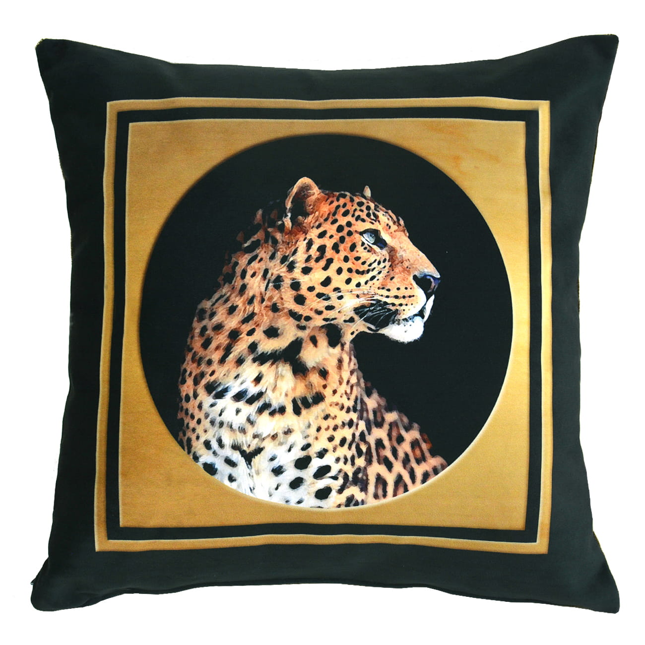 Cuscino d'arredo animalier con leopardo inscritto in cornice dorata tonda su fondo nero.