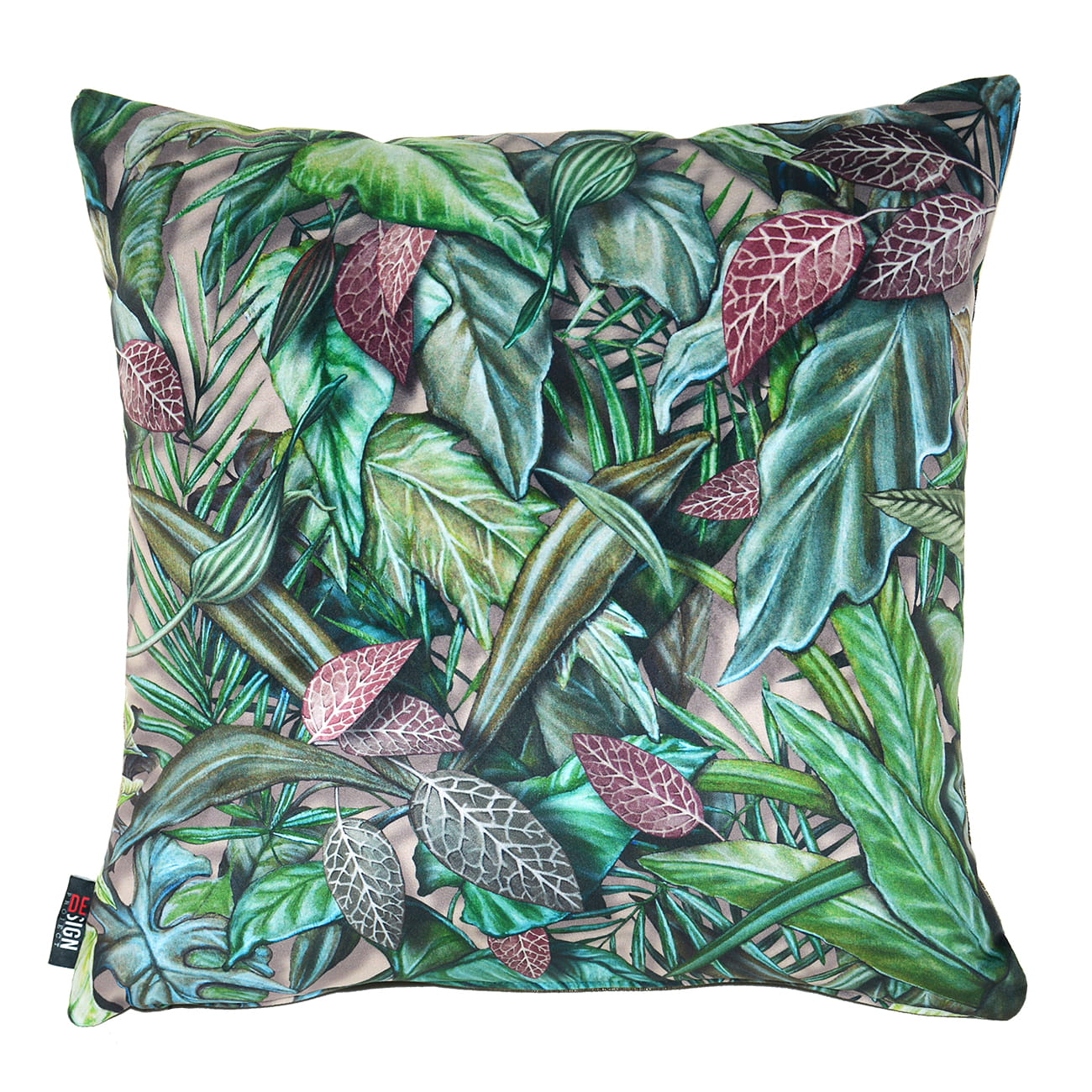 Cuscino tropicale con foglie verdi e bordeaux