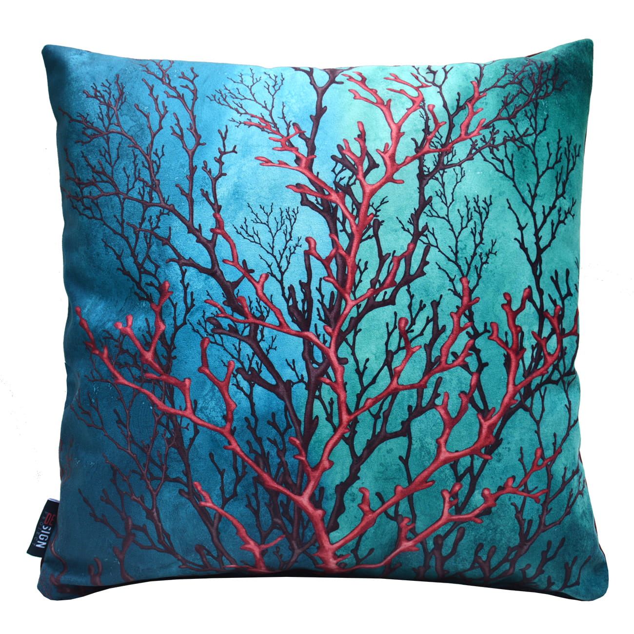 Cuscino decorativo di design marino con corallo rosso su fondo blu e verde.