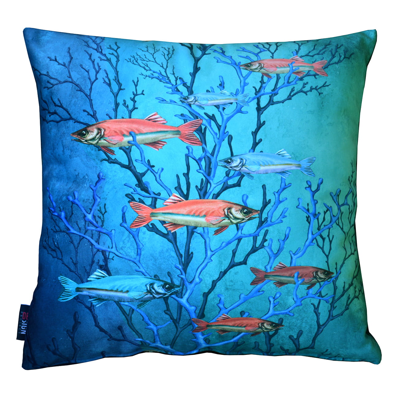 Cuscino stile marino con pesci colorati su corallo con sfondo sfumato blu e verde.