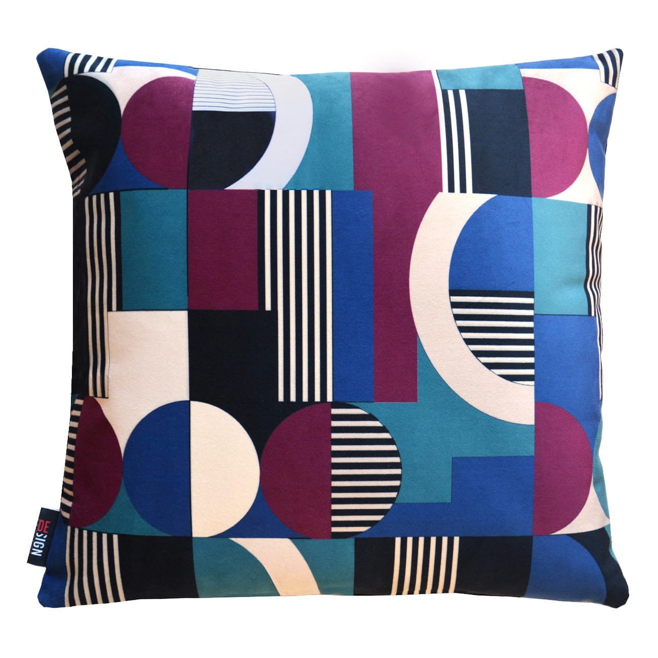 Cuscino decorativo design geometrico con colori accesi blu, ciclamino e verde