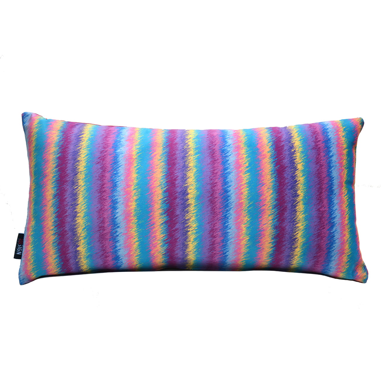 Cuscino rettangolare con fantasia a righe sfumate di colore rosa, fucsia, giallo, azzurro.