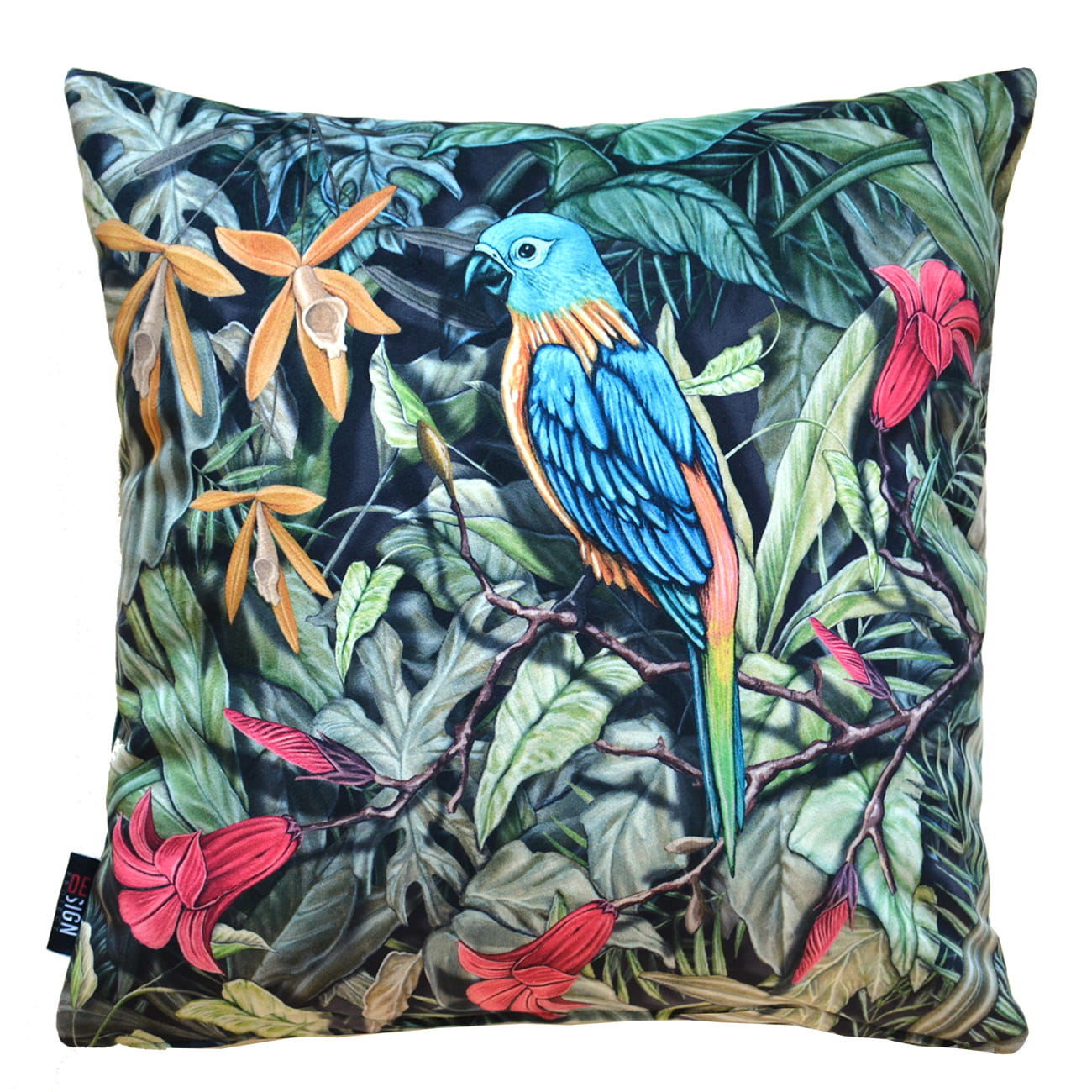Cuscino decorativo stile tropicale con pappagallo blu, verde e giallo su sfondo con foglie e fiori colorati.