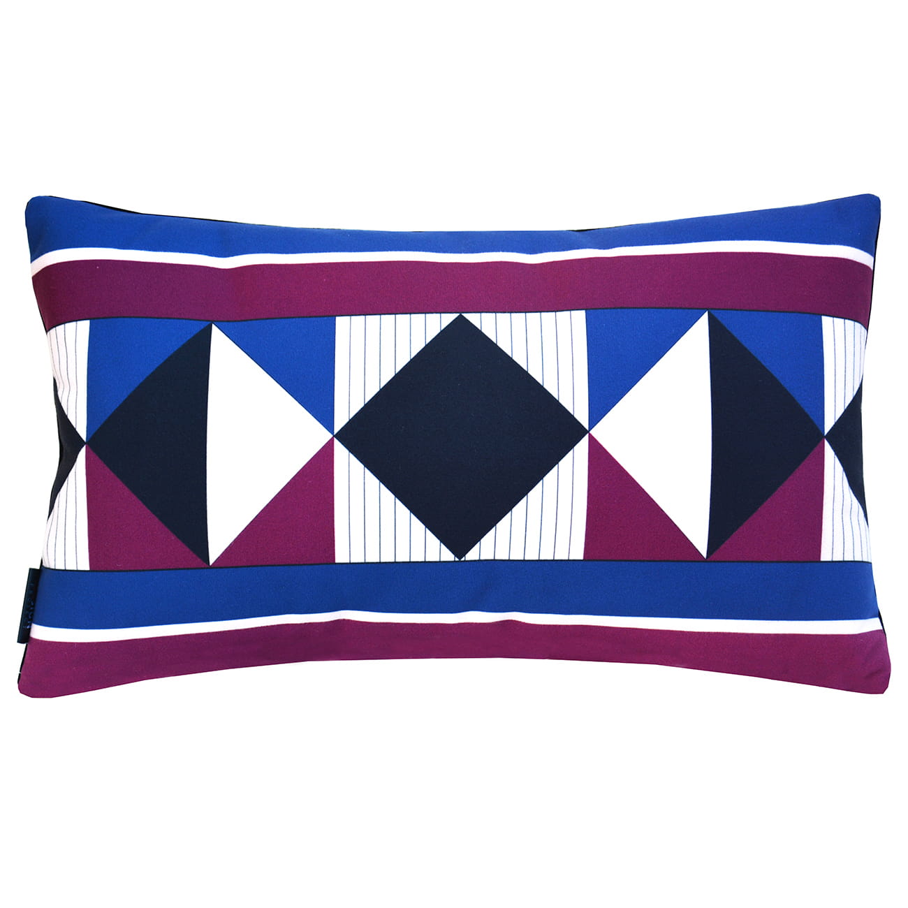 Cuscino decorativo design geometrico con colori accesi blu, ciclamino e verde