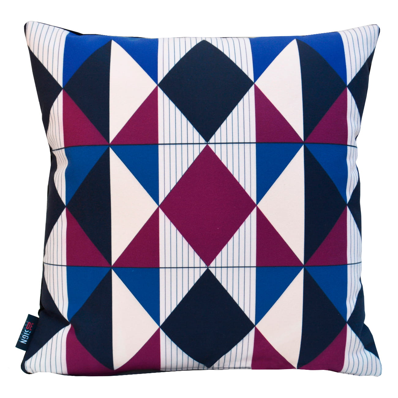 Cuscino design con forme geometriche, cerchi e righe di colore verde blu e nero