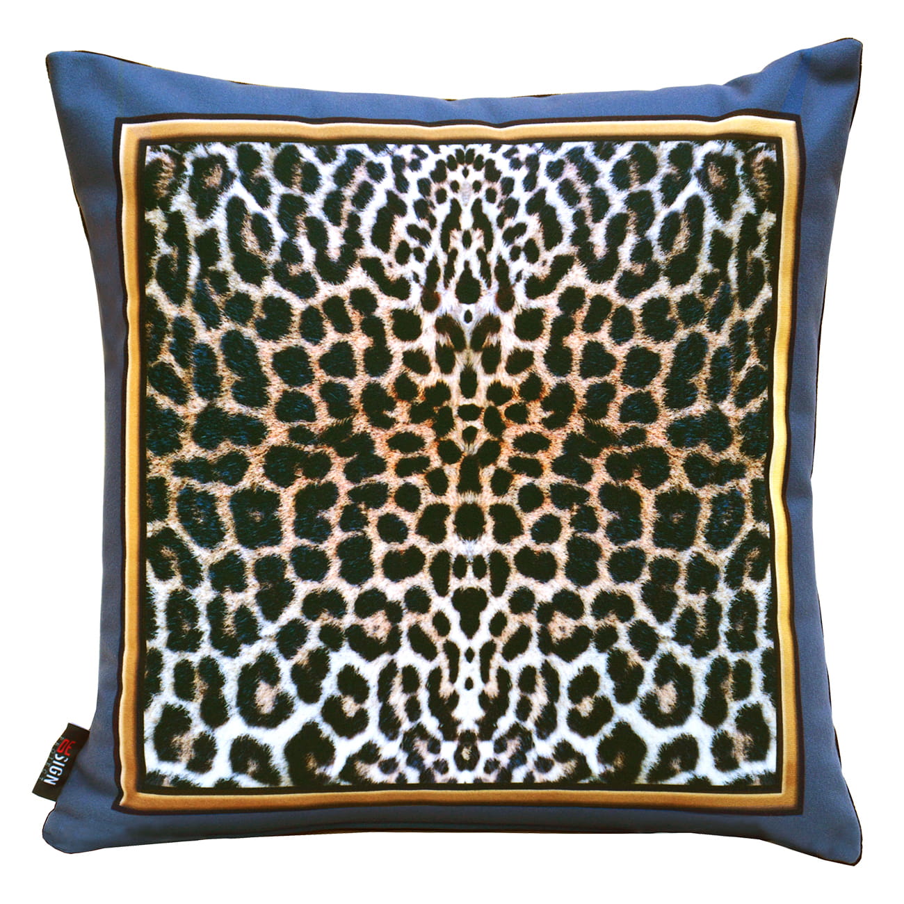 Cuscino d'arredo animalier con leopardo inscritto in cornice dorata tonda su fondo nero.