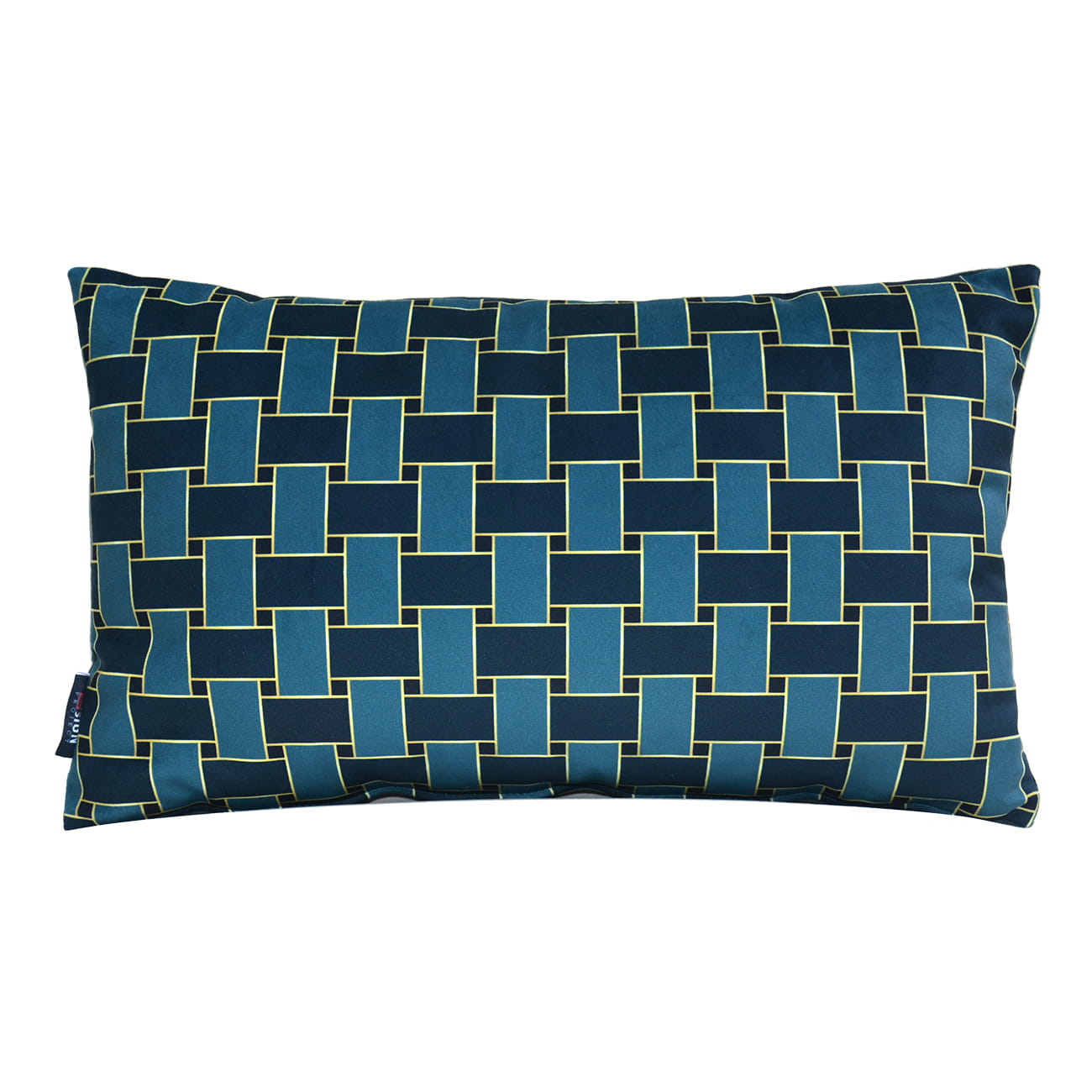 Cuscino decorativo rettangolare con disegno geometrico classico verde petrolio e oro.