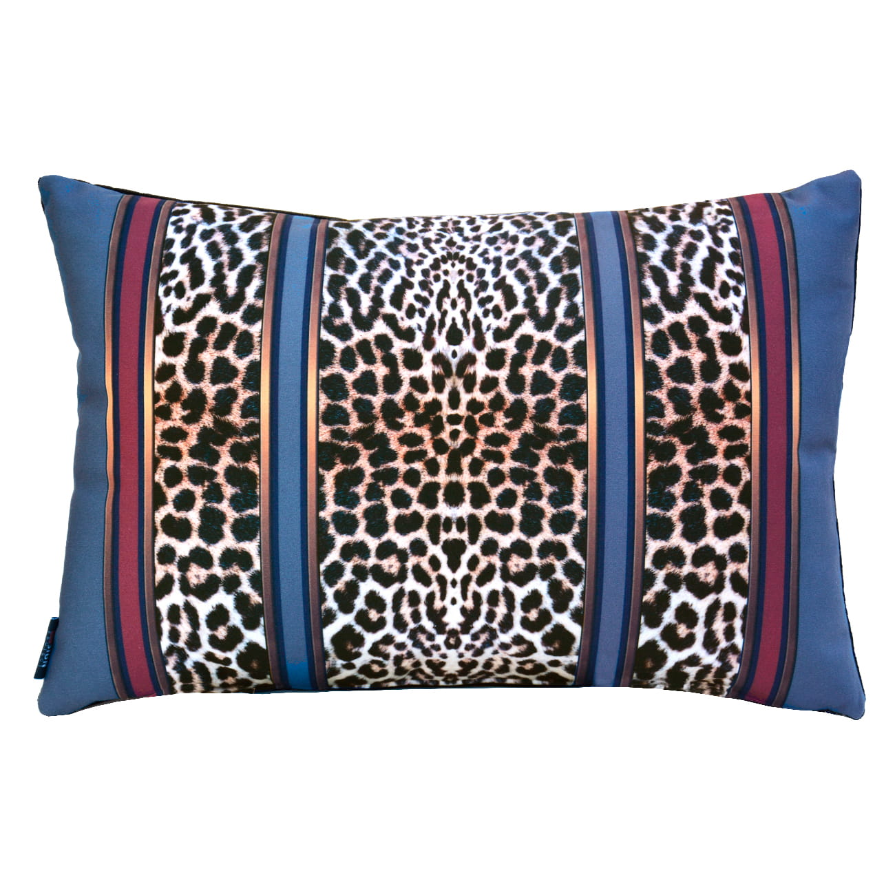 Cuscino d'arredo animalier con leopardo inscritto in cornice dorata tonda su fondo nero.
