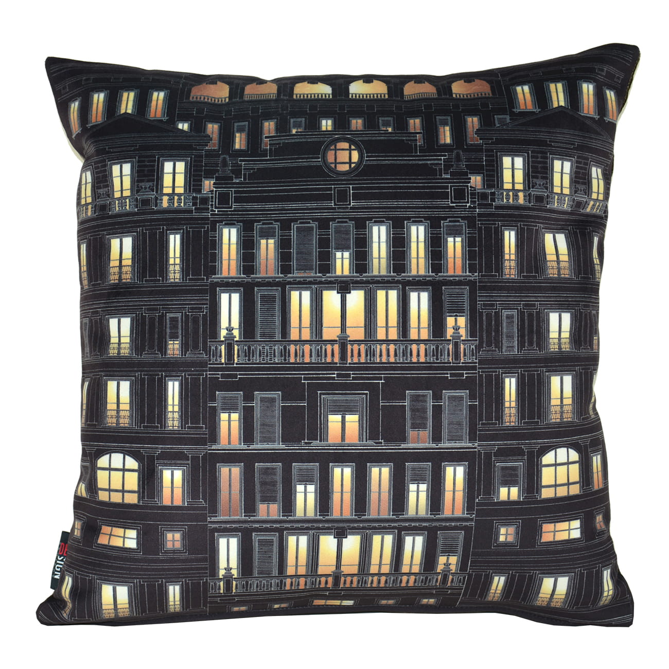 Cuscino design architettonico in velluto nero con grafica geometrica di palazzi classici.