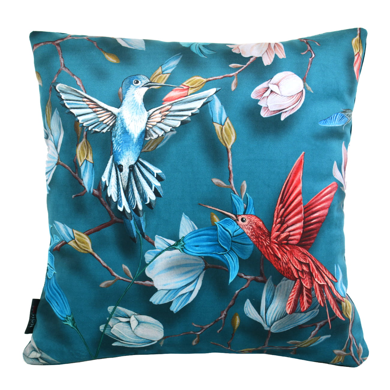 Cuscino con uccelli colorati e fiori su fondo verde ottanio