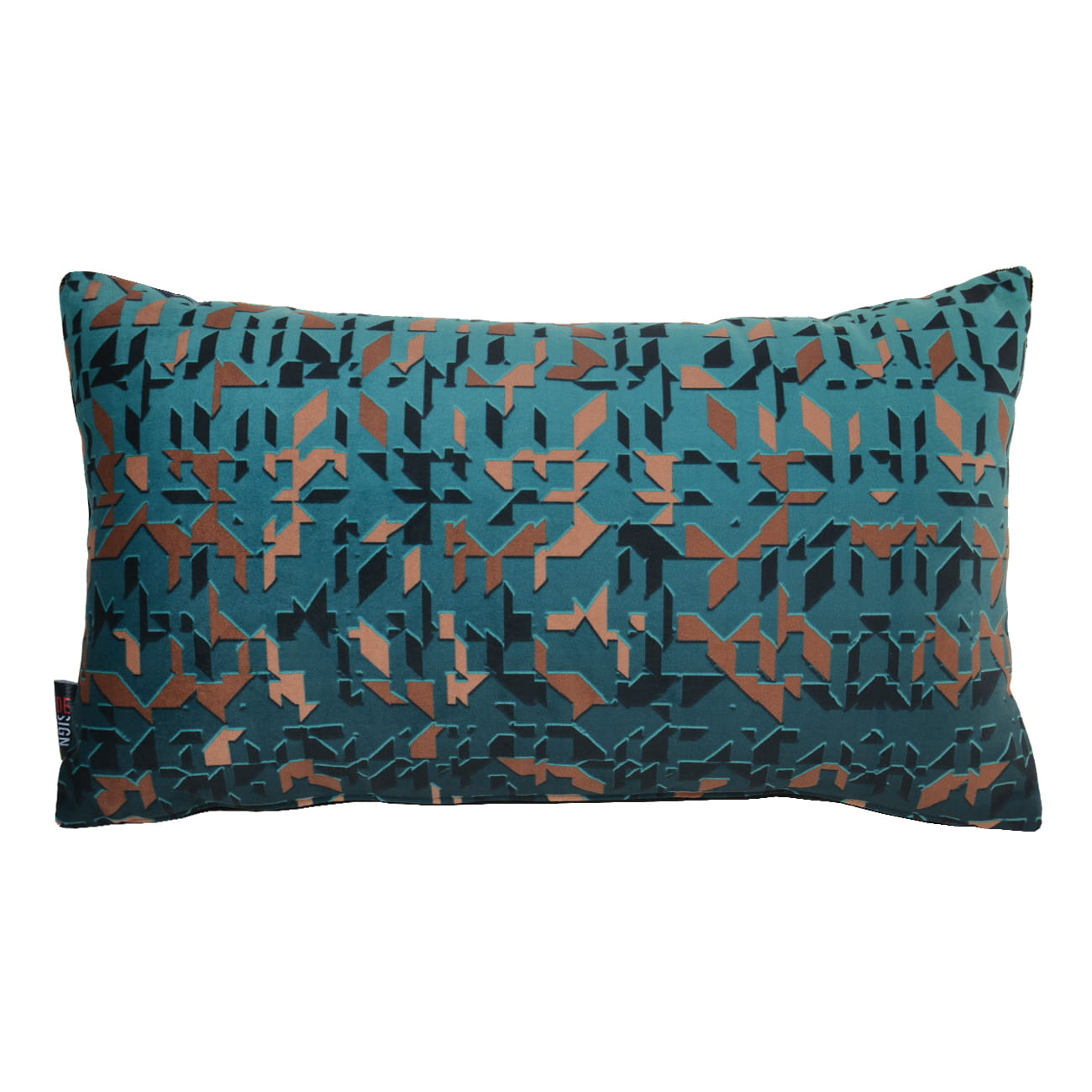 Cuscino decorativo rettangolare con disegno geometrico di colore oro e bronzo su fondo verde ottanio.