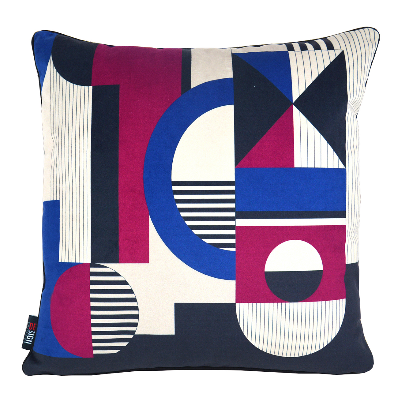 Cuscino dal design geometrico con linee e cerchi di colore blu fucsia, bianco e nero