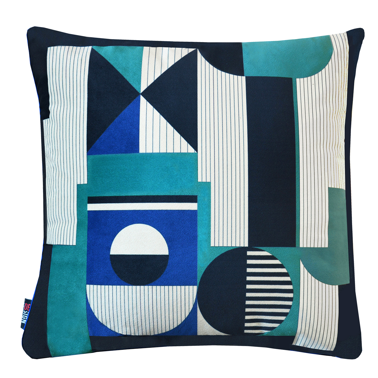 Cuscino design con forme geometriche, cerchi e righe di colore verde blu e nero