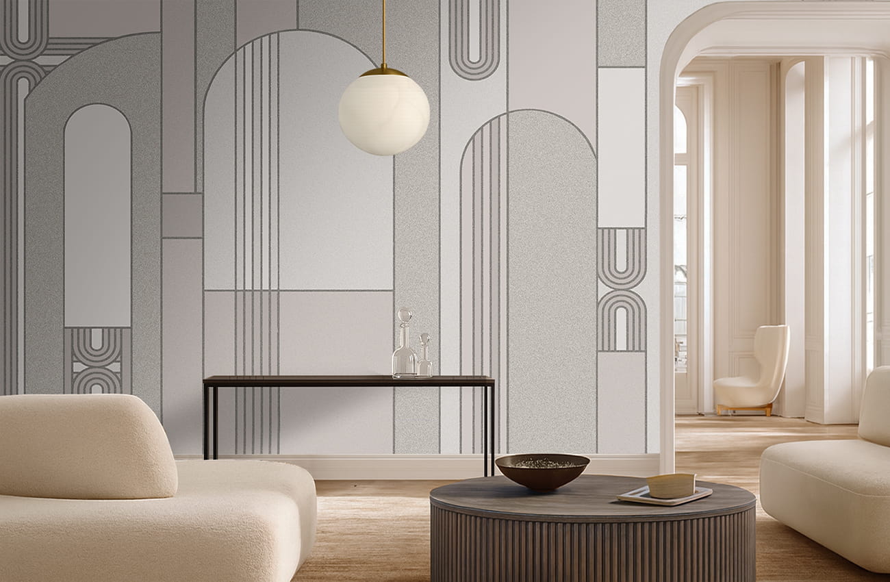 Soggiorno rivestito con carta da parati natura foglie di bambù verdi