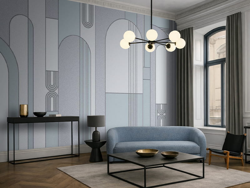 Soggiorno rivestito con carta da parati geometrica con archi eleganti blu azzurro