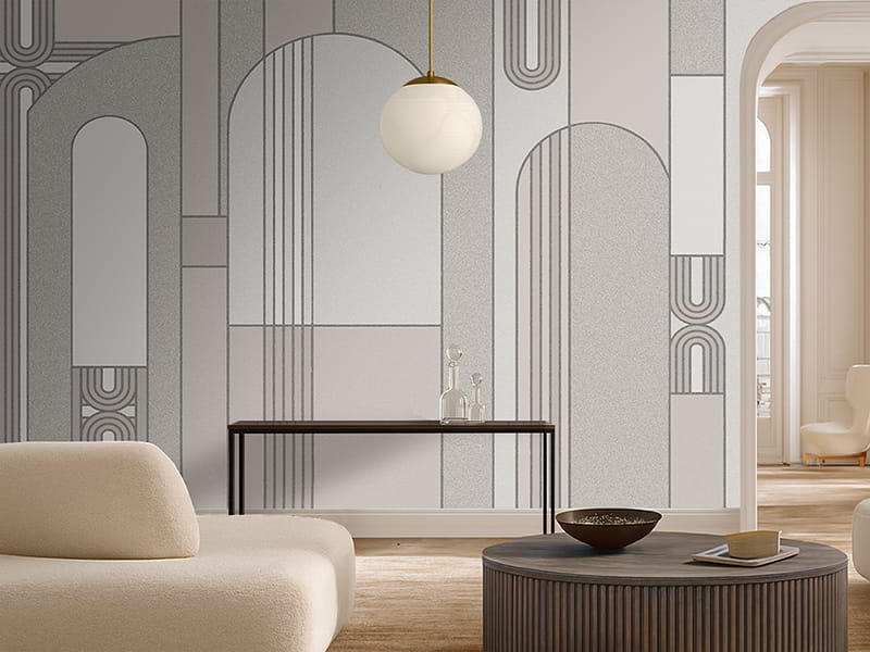 Soggiorno rivestito con carta da parati botanica foglie di bambù verdi