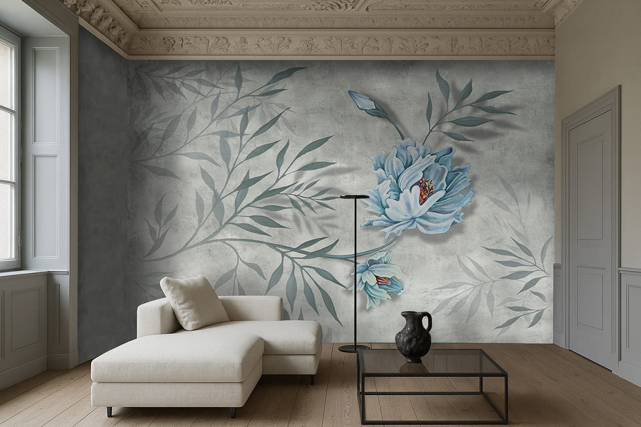 carta da parati geografica mappamondo Carta da parati con fiore grande blu azzurro e foglie verdi in salotto elegante