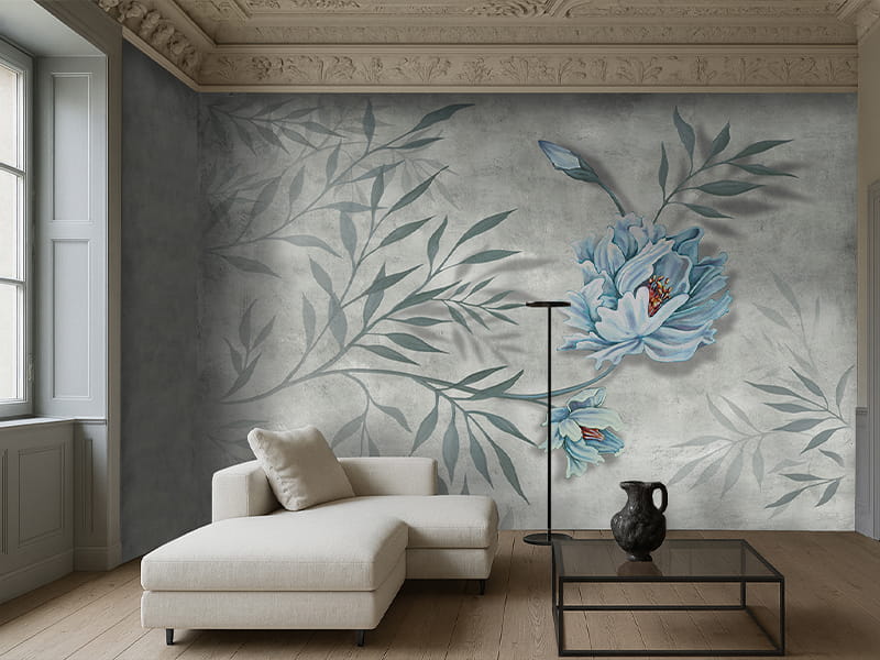 Carta da parati con fiore grande blu azzurro e foglie verdi con fondo materico