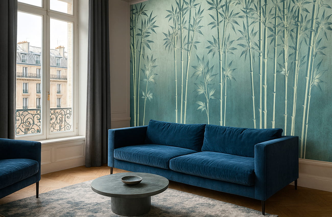 carta da parati decorativa listelli Soggiorno rivestito con carta da parati natura foglie di bambù verdi