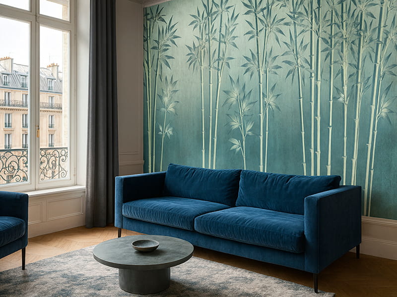 Soggiorno rivestito con carta da parati botanica foglie di bambù verdi