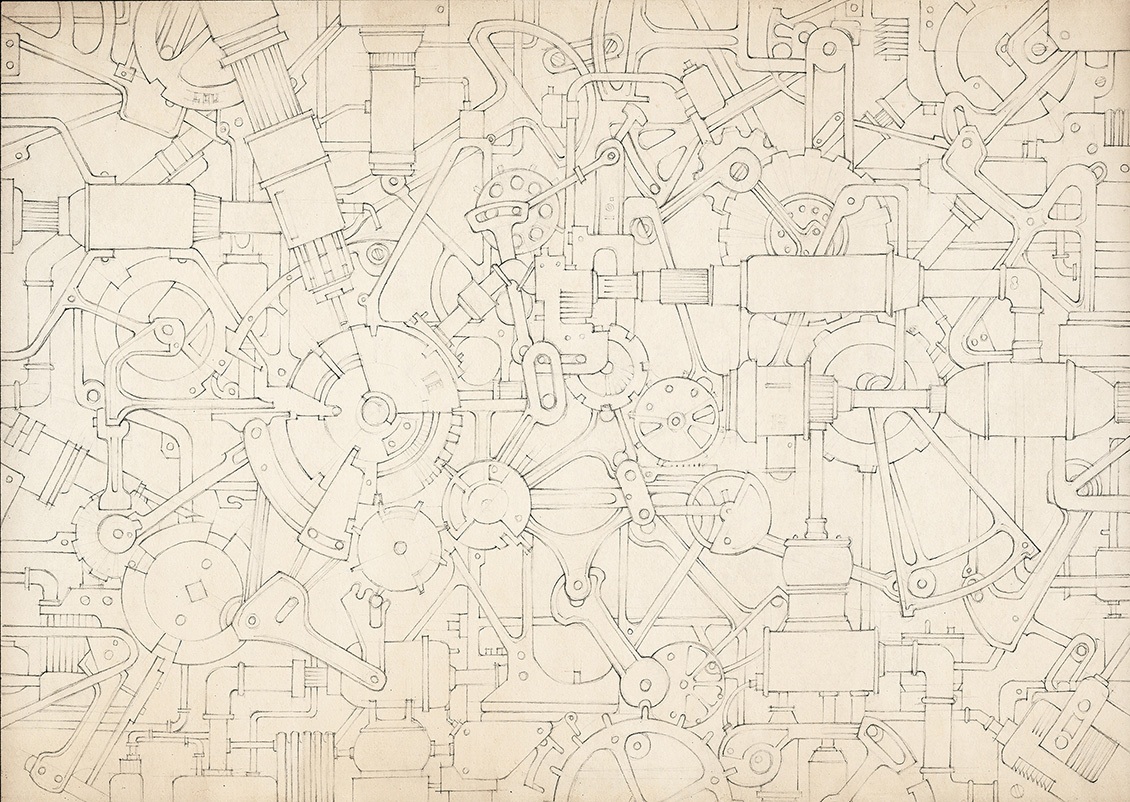 Carta da parati con disegno di ingranaggi su fondo ocra