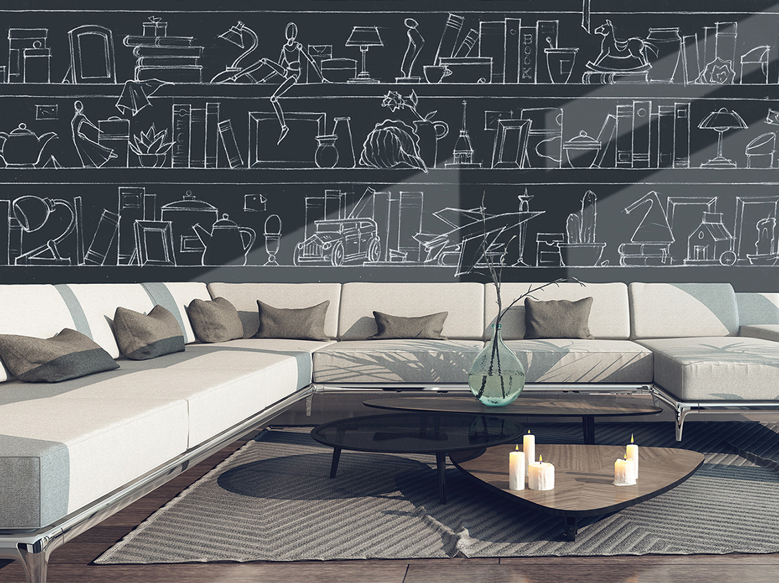 Wallpaper with bookcase design covering a modern living room