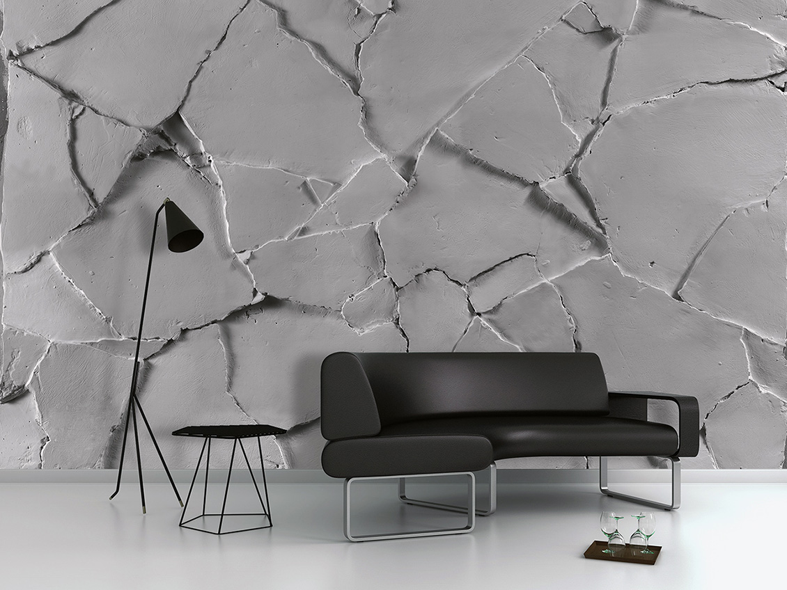 Industrial style 3d wallpaper, a wall with cracks and fractures of white color