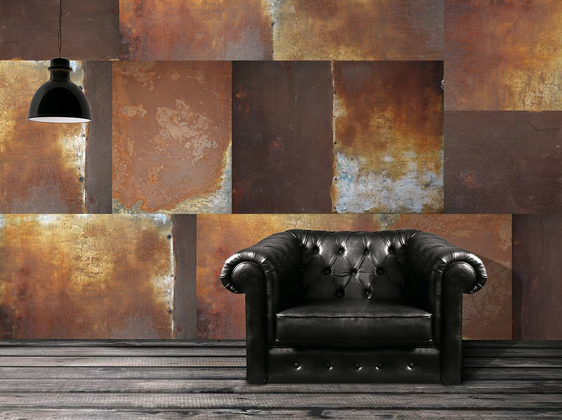 Industrial style wallpaper with rust-toned metal sheets covering a modern loft