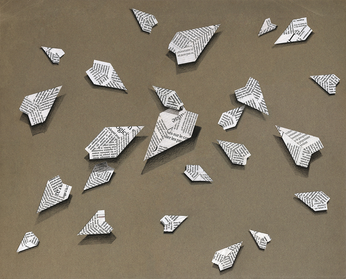 Carta da parati 3D con aerei e scritte su fondo tessuto tortora
