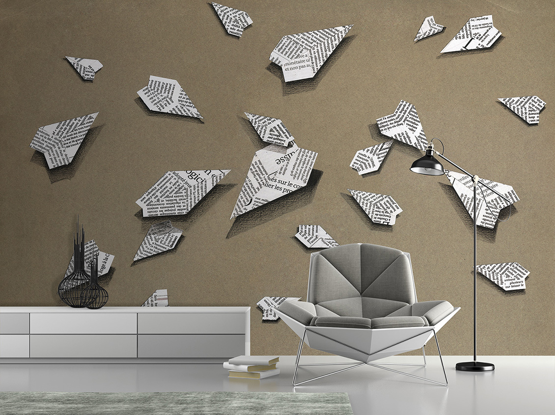 3D wallpaper with airplanes and lettering on a gray fabric background covering a modern living room